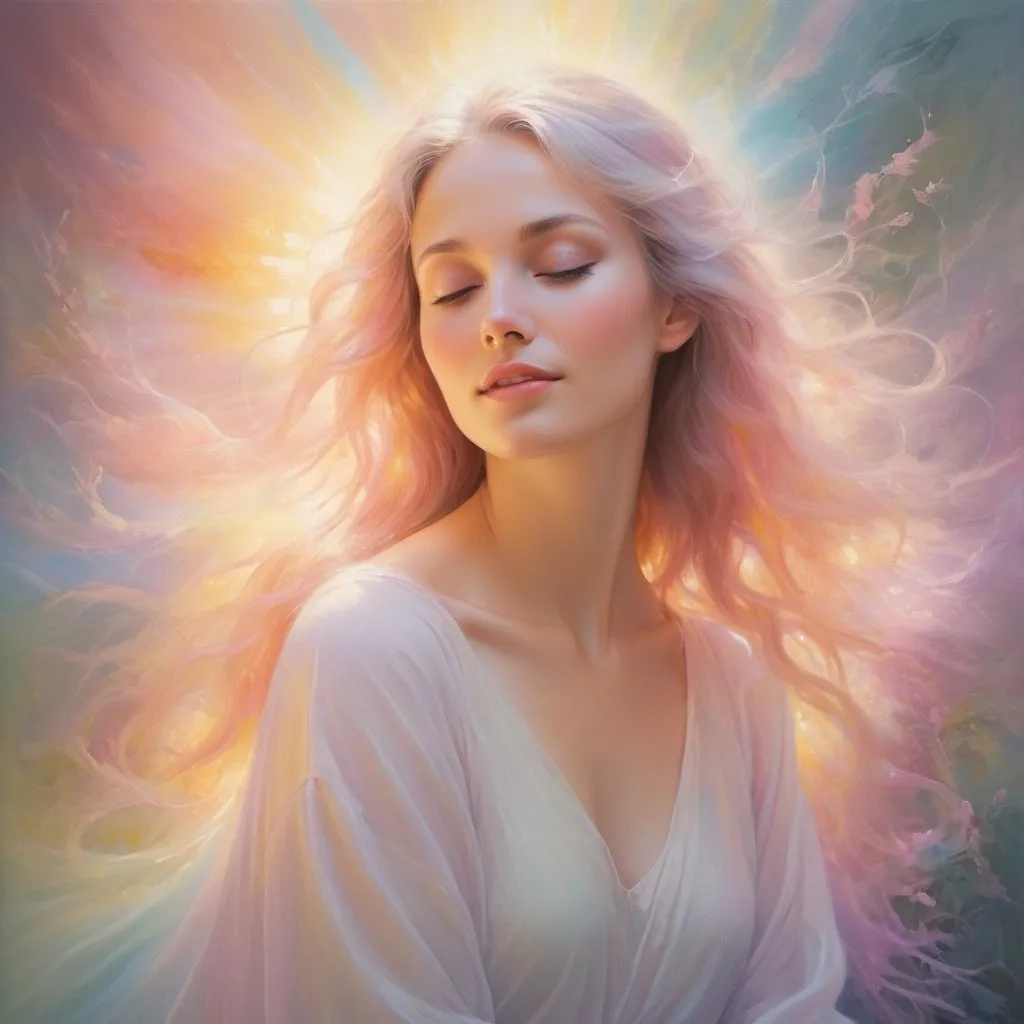 Prompt: Beautiful soul in ethereal surroundings, oil painting, radiant aura, flowing pastel colors, divine warmth, soft and luminous lighting, high quality, oil painting, ethereal, radiant, pastel colors, divine warmth, luminous, soft lighting