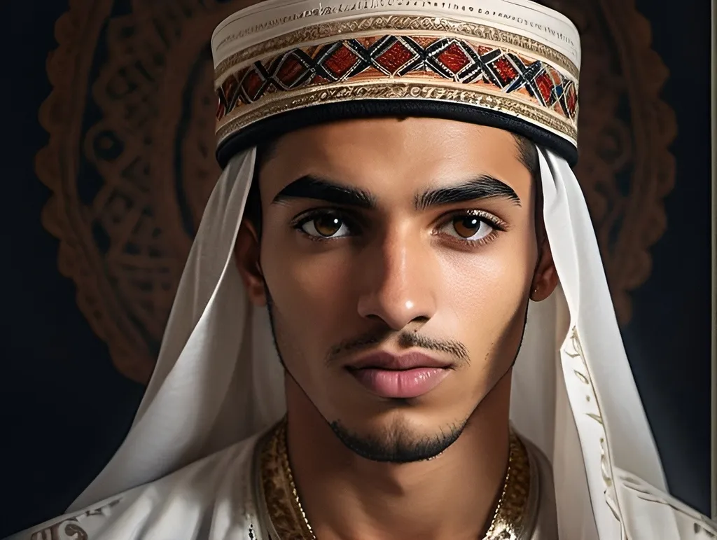 Prompt: Realistic digital portrait of a dark young man named Youssef, Algerian ethnicity, rich and deep skin tone, intense and mysterious gaze, defined cheekbones and jawline, traditional Algerian attire with intricate embroidery, high quality, realistic, detailed facial features, North African, intense lighting, cultural authenticity, atmospheric mood