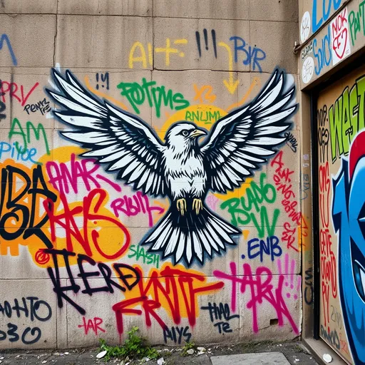 Prompt: Enorme pared mágica llena de graffiti, uno de los grafittis es un pájaro que parece estar cobrando vida, sus alas sobresalen de la pases y está a punto de volar 