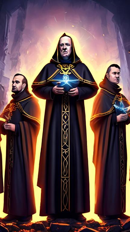 Prompt: three priests , dark background , black priest , the middle one floating