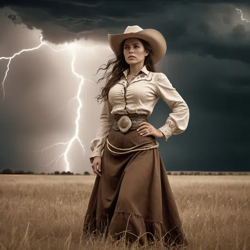 Prompt: Vintage 1890 sepia photo, Attractive cowgirl woman, traditional dress, buxom,  in field,storm clouds, lightning