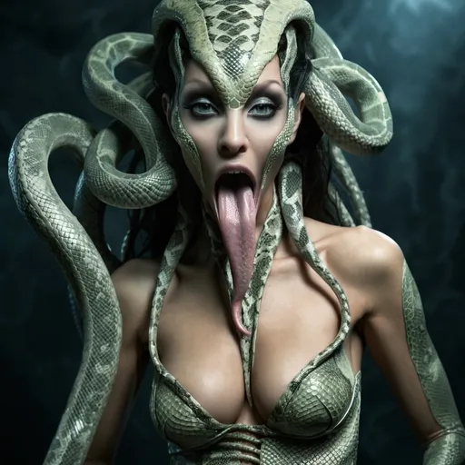 Prompt: Attractive alien woman, snake skin, deep cleavage, Medusa-like tentacles, very long tongue