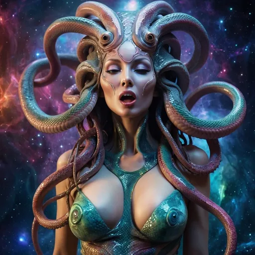 Prompt: Attractive alien woman, Medusa-like tentacles emerging elegantly from her head, vibrant snake skin covering her alluring body, revealing tantalizing cleavage, (exotic) very long tongue playfully extended, (mystical) enchanted atmosphere surrounding her, set against a mysterious cosmic background with swirling galaxies, (ultra-detailed) high-quality visuals, emphasizing her captivating and otherworldly allure.