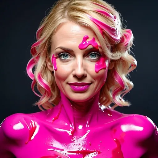 Prompt: Attractive blonde woman, thirty-something, body covered in pink wax