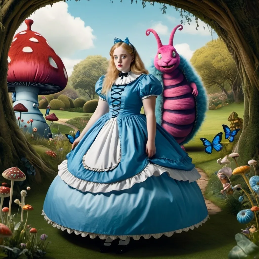 Prompt: Alice in wonderland, curvy chest, blue Victorian dress, giant fairytale caterpillar in background