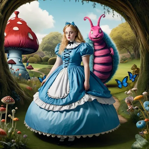 Prompt: Alice in wonderland, curvy chest, blue Victorian dress, giant fairytale caterpillar in background