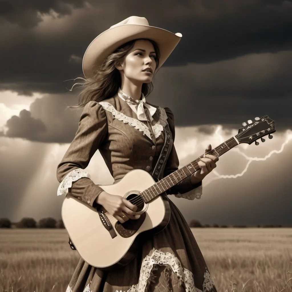 Prompt: Vintage 1890 sepia photo, Attractive cowgirl woman, traditional dress, in field, ,storm clouds, playing electric guitar 