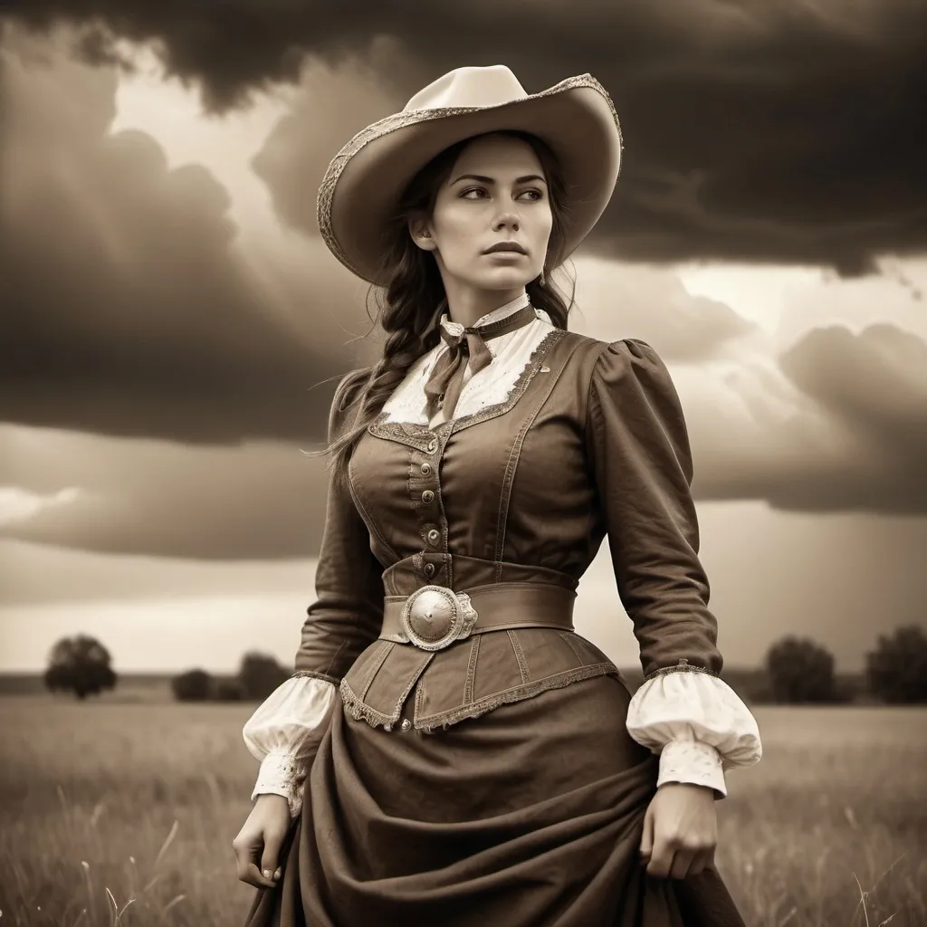 Prompt: Vintage 1890 sepia photo, Attractive cowgirl woman, traditional dress, in field, , storm clouds