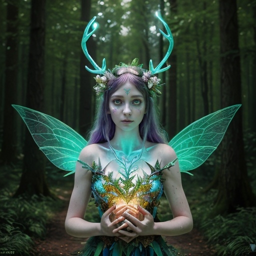 Prompt: Attractive surreal fairy in forest, hands on chest, surreal antlers and wings
