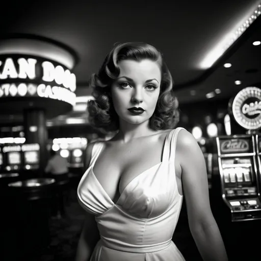 Prompt: Black and white photo, 1940s style, film noir look, 30ish woman femme fatale, white dress, chesty, curvy, in casino, wide angle