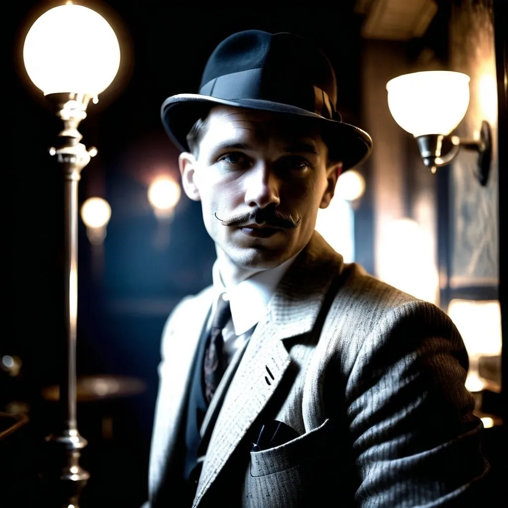 Prompt: Black and white photo, 1920s style, thirty something man, private detective, speakeasy