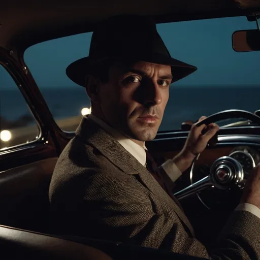 Prompt: 1940s style, film noir look, 40ish male private detective, driving car on coast road at night