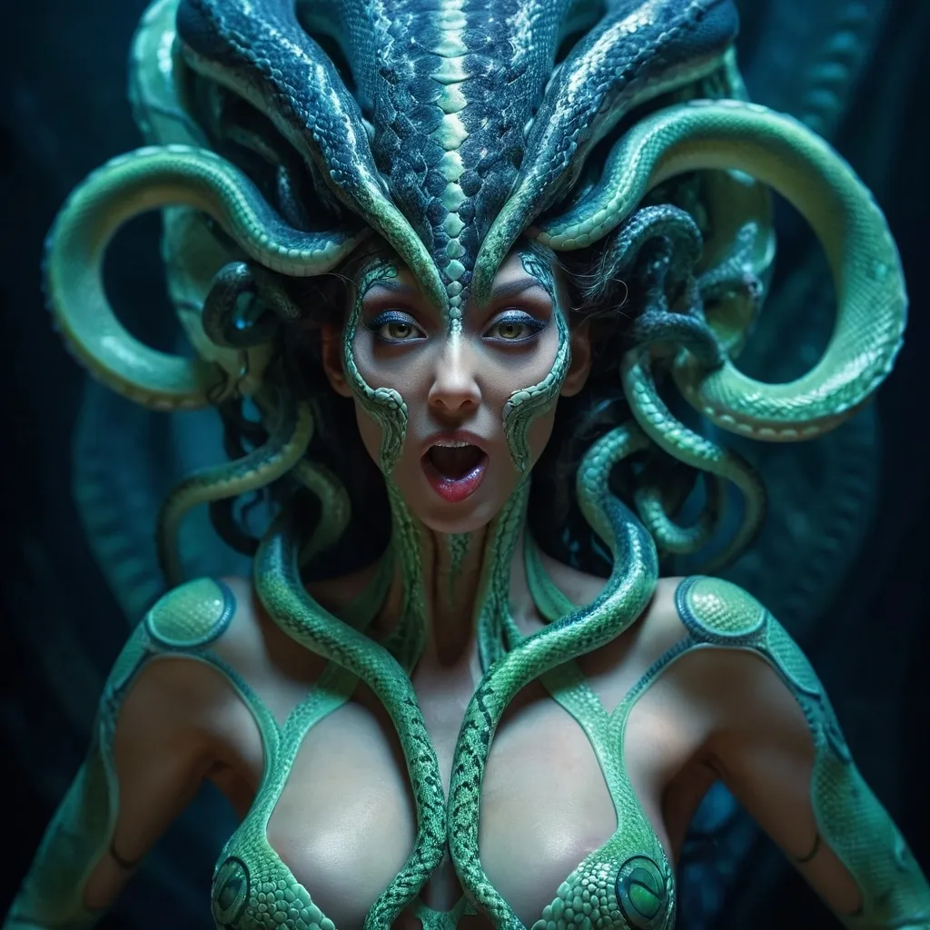 Prompt: Attractive alien woman, snake skin, cleavage, Medusa-like tentacles, very long tongue