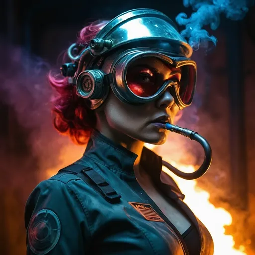 Prompt: Attractive alien space scrapper woman, tight rubber uniform, welding goggles, welding torch, shadow, cleavage, lighting cigarette