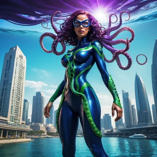 Prompt: Octopus woman, superhero, superhero costume