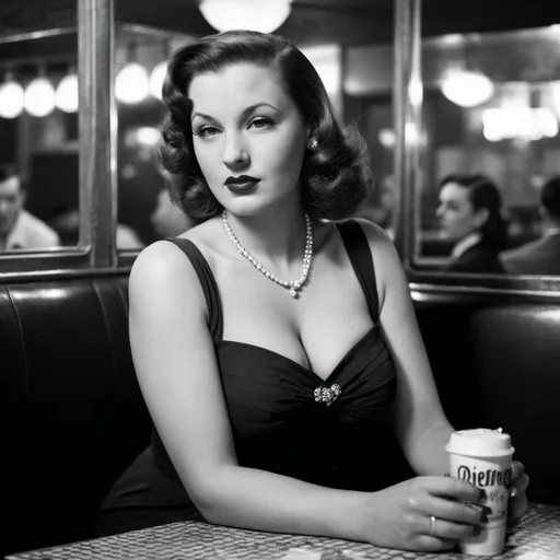 Prompt: Black and white photo, 1940s style, film noir look, 30ish woman, femme fatale, dress, chesty, curvy, sitting in diner booth 