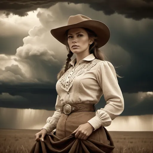 Prompt: Vintage 1890 sepia photo, Attractive cowgirl woman, traditional dress, in field, , storm clouds