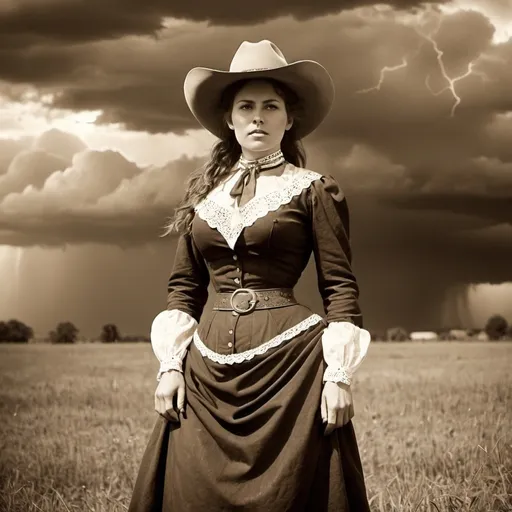 Prompt: Vintage 1890 sepia photo, Attractive cowgirl woman, traditional dress, buxom,  in field,storm clouds, lightning