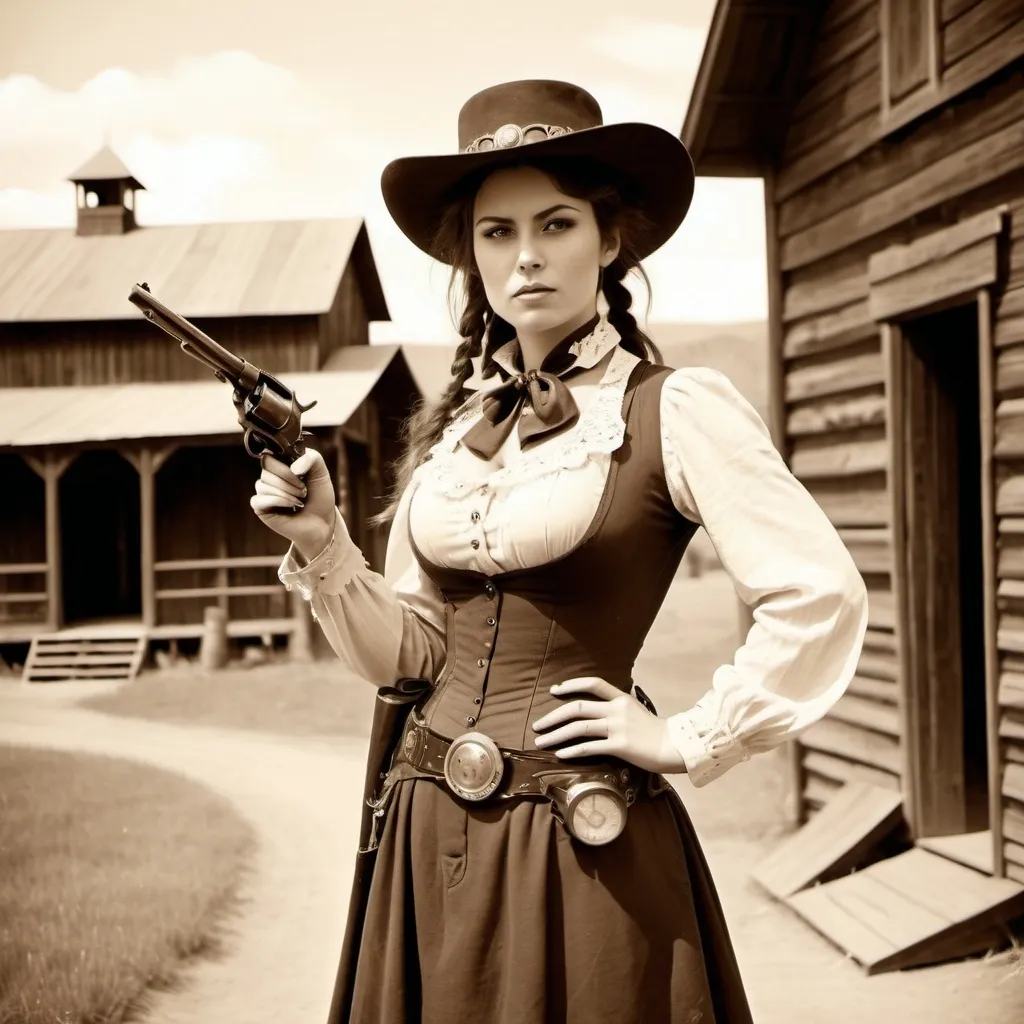 Prompt: Vintage 1890 sepia photo, Attractive cowgirl woman, steampunk, traditional dress, buxom, in front of barn, aiming revolver