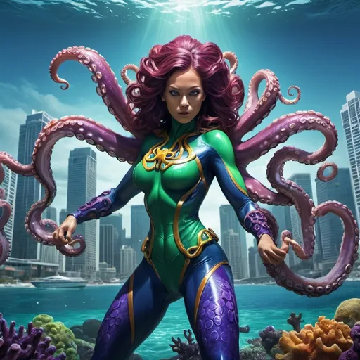 Prompt: Octopus woman, superhero, superhero costume