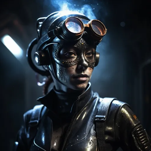 Prompt: Attractive alien space scrapper woman, tight rubber uniform, welding goggles, welding torch, shadow, cleavage