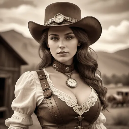 Prompt: Vintage 1890 sepia photo, Attractive cowgirl woman, steampunk, traditional dress, very buxom, deep cleavage