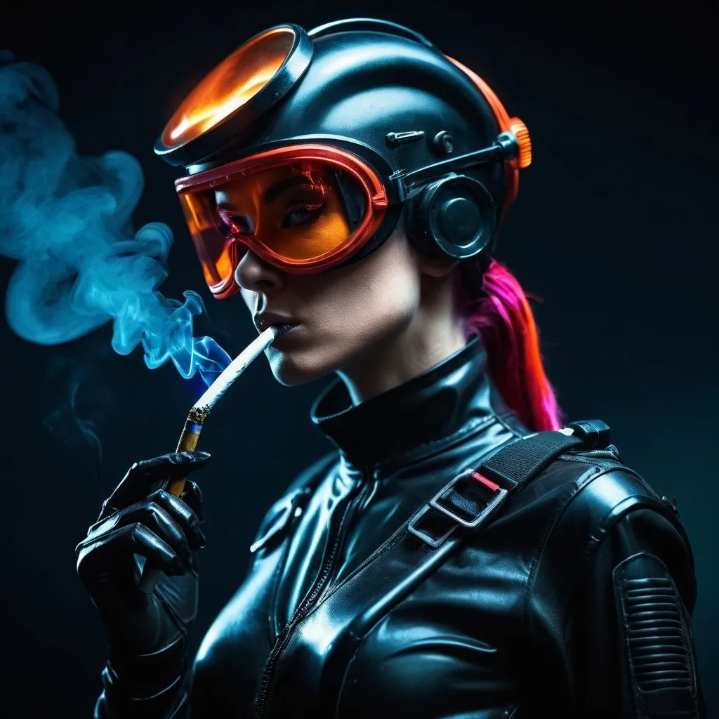 Prompt: Attractive alien space scrapper woman, tight rubber uniform, welding goggles, welding torch, shadow, cleavage, lighting cigarette