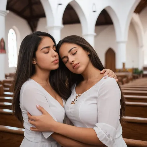 Prompt: Two Beautiful Latina girls, attractive, buxom, in church, hugging, faces close, eyes closed