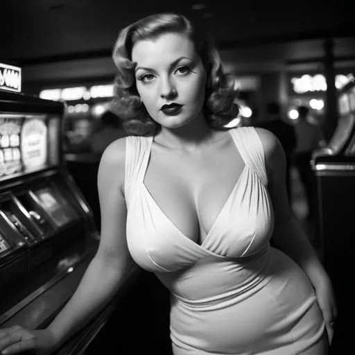 Prompt: Black and white photo, 1940s style, film noir look, 30ish woman femme fatale, white dress, chesty, curvy, in casino, wide angle