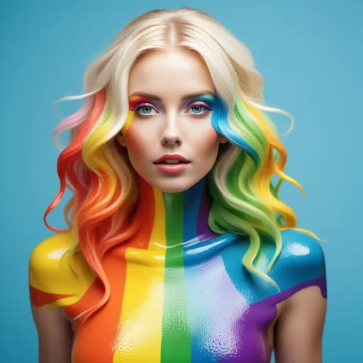 Prompt: Attractive blonde woman, body covered in rainbow