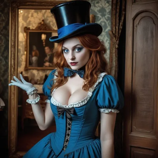 Prompt: Alice in wonderland, deep cleavage, blue Victorian dress, mad hatter watching from behind