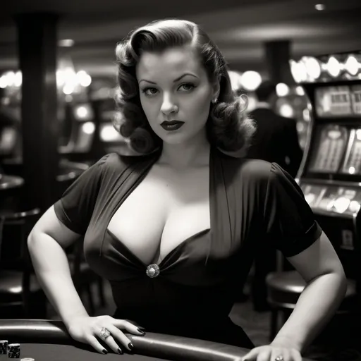 Prompt: Black and white photo, 1940s style, film noir look, 30ish woman, femme fatale, dress, chesty, curvy, shooting craps in casino, very wide angle