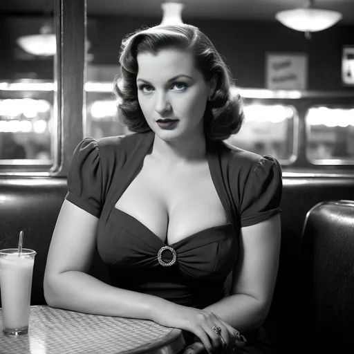 Prompt: Black and white photo, 1940s style, film noir look, 30ish woman, femme fatale, dress, chesty, curvy, sitting in diner booth 