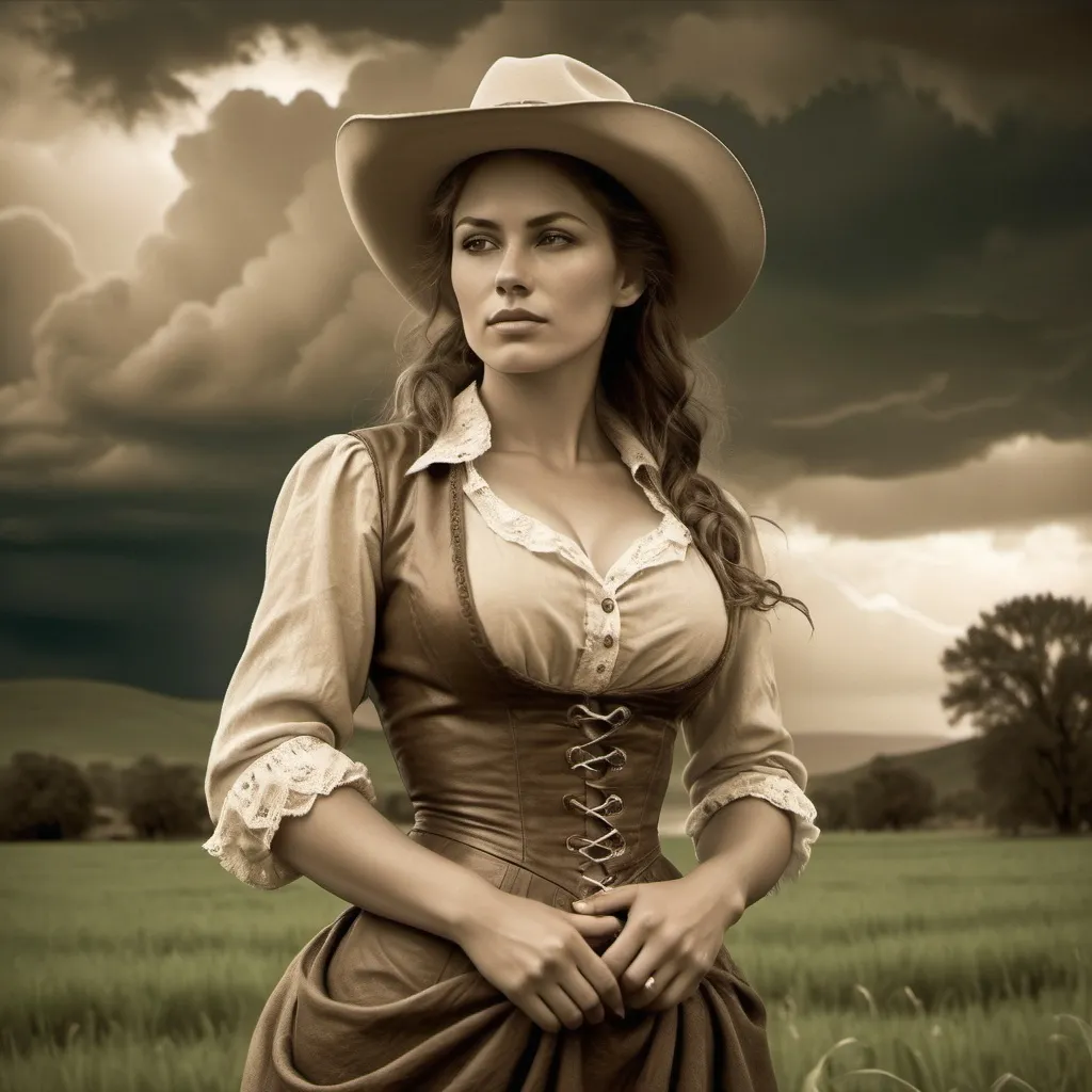 Prompt: Vintage 1890 sepia photo, Attractive cowgirl woman, traditional dress, buxom,  in field, ,storm clouds, 