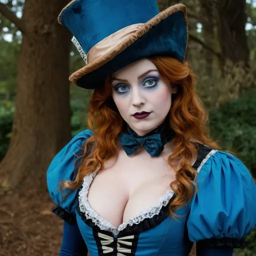 Prompt: Alice in wonderland, deep cleavage, blue Victorian dress, mad hatter watching from behind