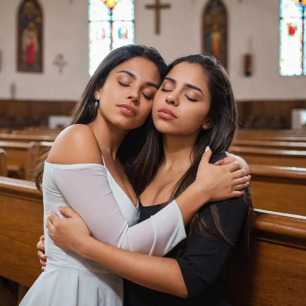 Prompt: Two Beautiful Latina girls, attractive, buxom, in church, hugging, faces close, eyes closed