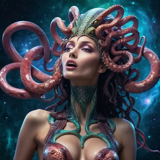 Prompt: Attractive alien woman, Medusa-like tentacles emerging elegantly from her head, vibrant snake skin covering her alluring body, revealing tantalizing cleavage, (exotic) very long tongue playfully extended, (mystical) enchanted atmosphere surrounding her, set against a mysterious cosmic background with swirling galaxies, (ultra-detailed) high-quality visuals, emphasizing her captivating and otherworldly allure.