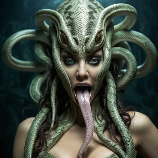 Prompt: Attractive alien woman, snake skin, deep cleavage, Medusa-like tentacles, very long tongue