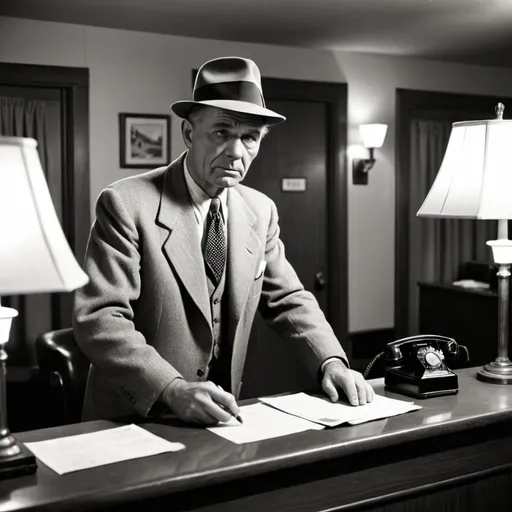 Prompt: 1940s style, film noir look, motel check in desk, old man working for hotel
