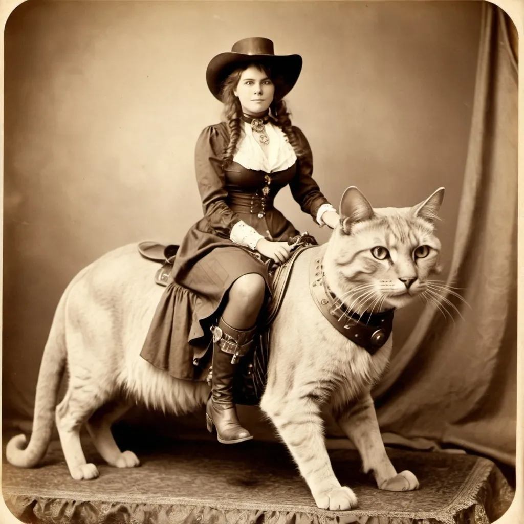 Prompt: Vintage 1890 sepia photo, Attractive cowgirl woman, steampunk, traditional dress, buxom, riding a giant cat