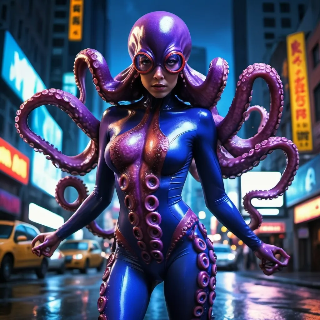 Prompt: Octopus woman, superhero, superhero costume