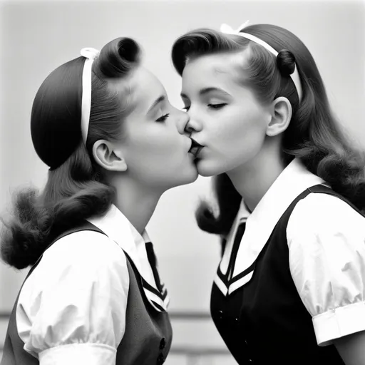 Prompt: 1950s style, two high school girls, about to kiss 