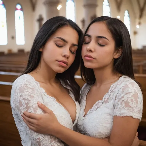 Prompt: Two Beautiful Latina girls, attractive, buxom, in church, hugging, faces close, eyes closed