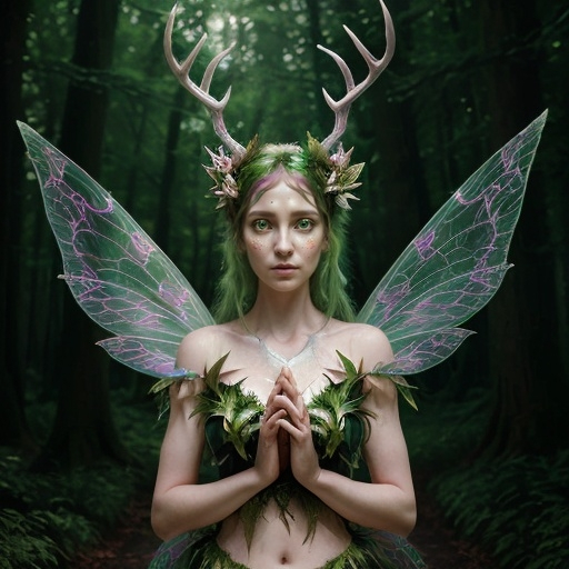 Prompt: Attractive surreal fairy in forest, hands on chest, surreal antlers and wings
