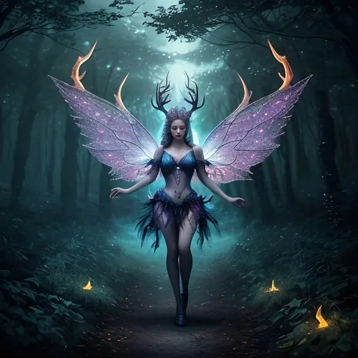 Prompt: Attractive surreal fairy in forest, hands on chest, surreal antlers and wings, flames behind, cleavage
