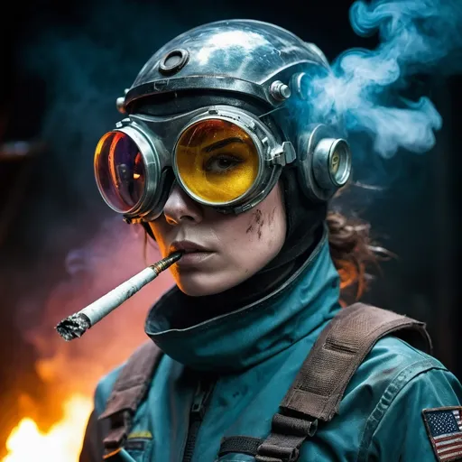 Prompt: Attractive Alien Space Scrapper Woman, (tight rubber uniform), (welding goggles), (welding torch), confidently lighting cigarette, (strong, determined expression), metallic spacecraft debris background, cool futuristic colors, atmospheric smoke, gritty ambiance, dynamic and edgy vibe, striking contrast, ultra-detailed, high-quality image, captivating sci-fi theme, bold lighting.