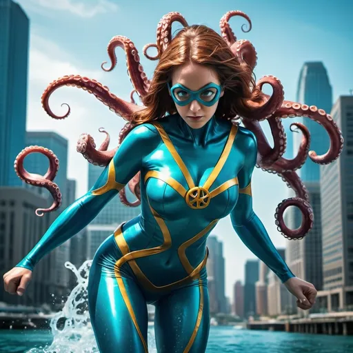 Prompt: Octopus woman, superhero, superhero costume