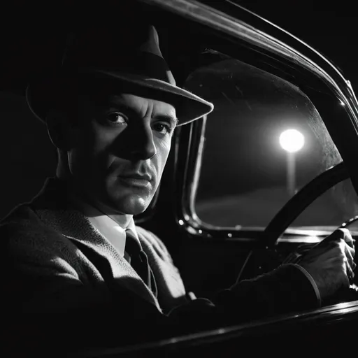 Prompt: 1940s style, film noir look, 40ish male private detective, driving car on coast road, night time, view through windshield 