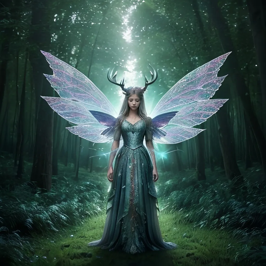 Prompt: Attractive surreal fairy in forest, hands on chest, surreal antlers and wings
