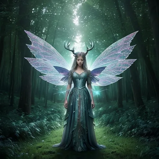 Prompt: Attractive surreal fairy in forest, hands on chest, surreal antlers and wings
